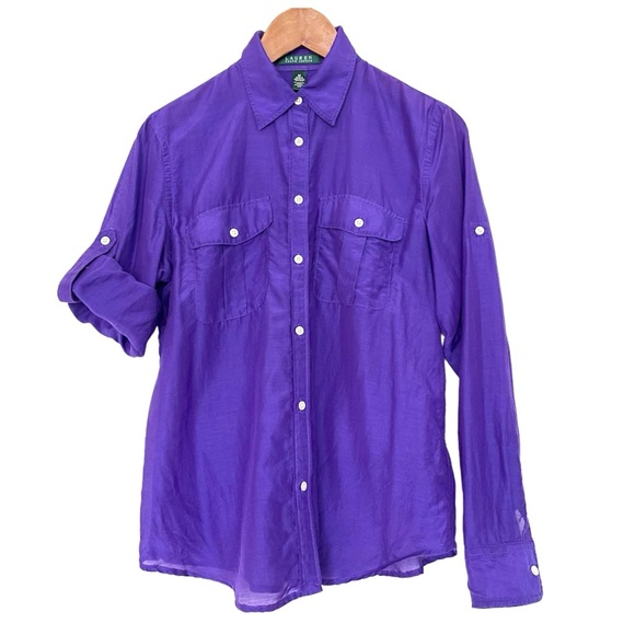 Lauren Ralph Lauren Silk Blend Sheer Button Down Long Sleeve Shirt Medium - Picture 1 of 11